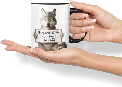 Vixar Personalised Wolf Mug with Name or Custom Message – Cute Animal Coloured Ceramic Mug Cup Gift, 11oz (Black)