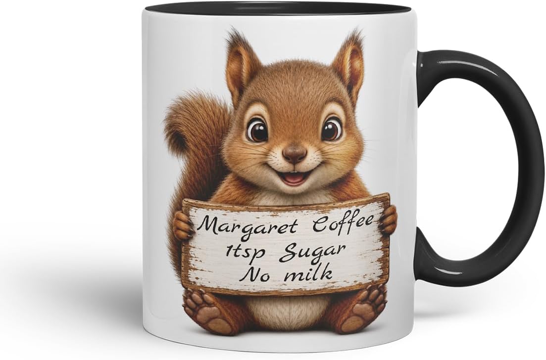 Vixar Personalised Squirrel Mug with Name or Custom Message – Cute Animal Coloured Ceramic Mug Cup Gift, 11oz (Black)
