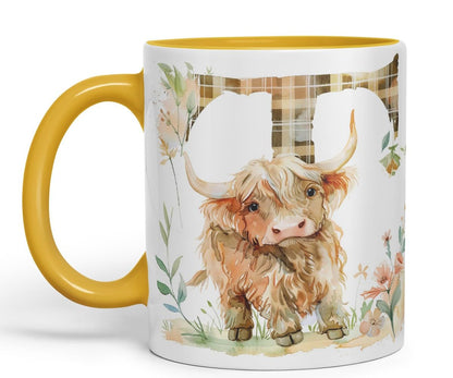 Vixar Highland Cow Alphabet Monogram Coloured Ceramic Cup Mug – Letter T – Rustic Farmhouse Animal Letter Gift – 11oz (Black)