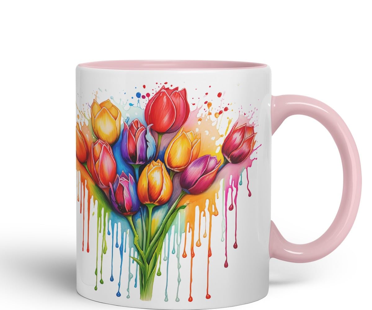 Vixar Tulip Spring Garden Mug Coloured Ceramic Mug Cup Gift, 11oz (Light Green)