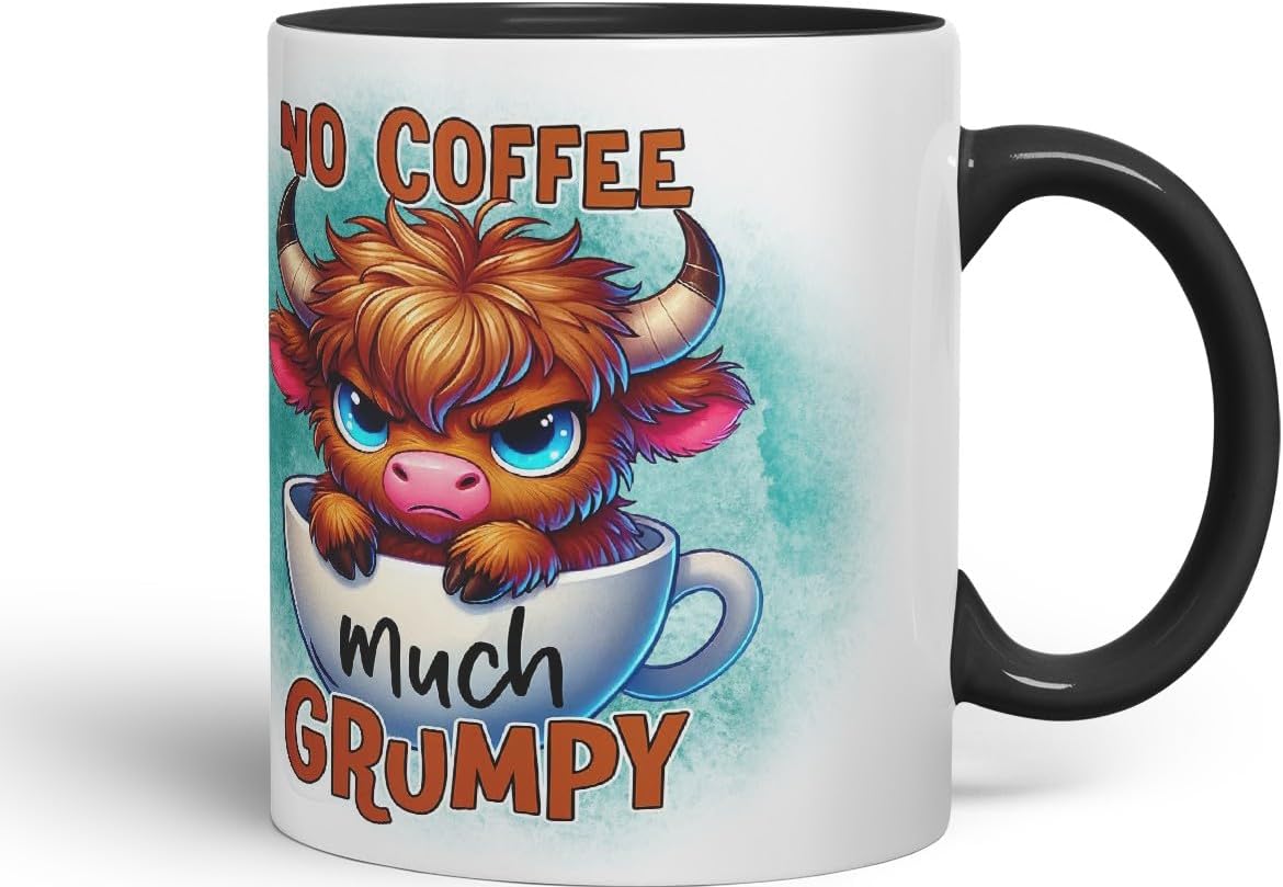 Vixar No Coffee Much Grumpy Highland Cow Coloured Ceramic Mug Cup Gift for Coffee Lovers 11oz (Black)