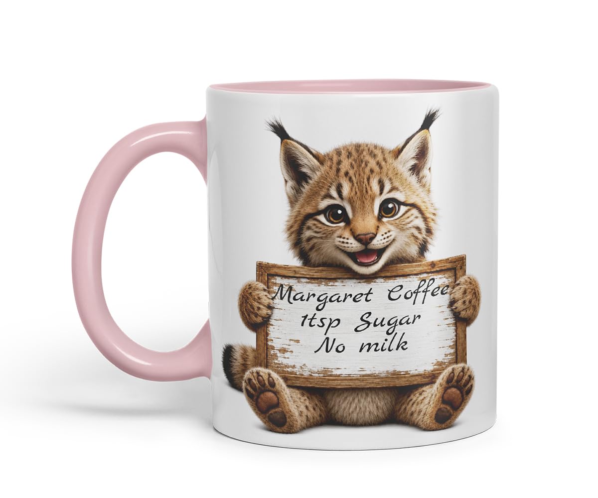 Vixar Personalised Lynx Mug with Name or Custom Message – Cute Animal Coloured Ceramic Mug Cup Gift, 11oz (Black)