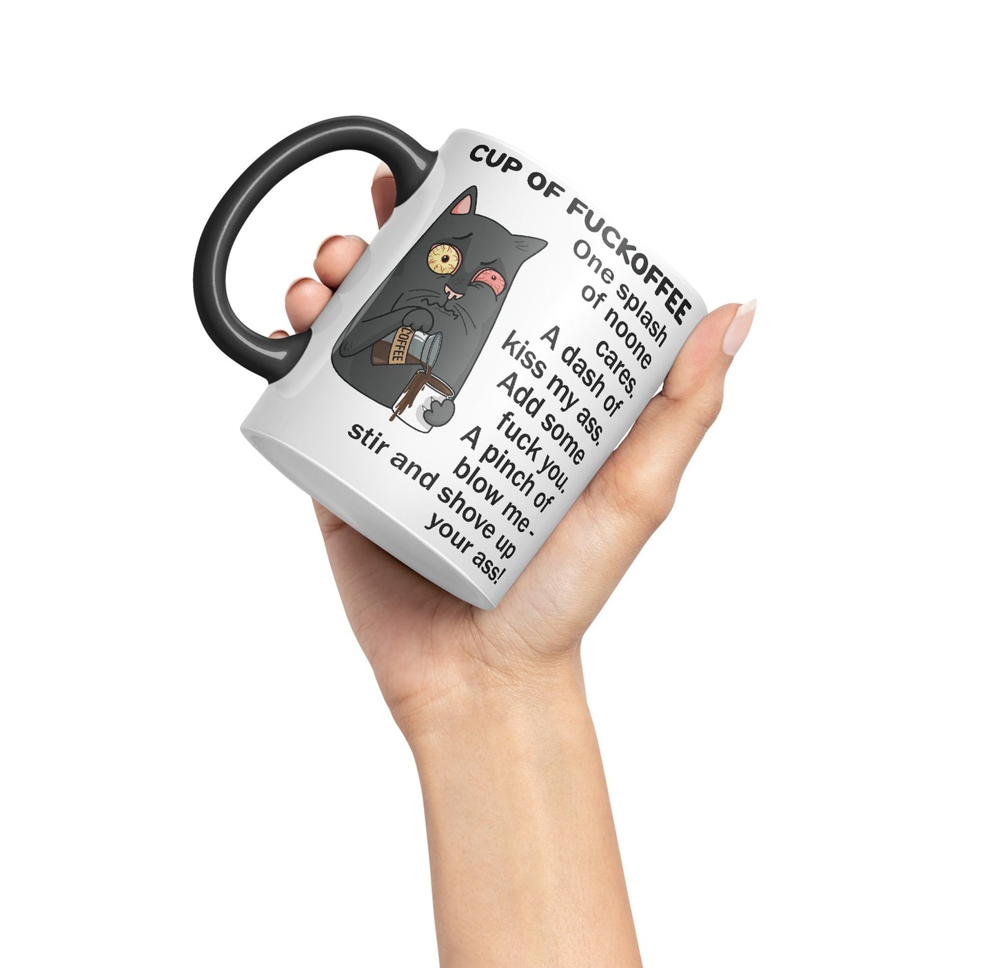 Cup of Fuckoffee, one Splash on Noone Cares cat Sarcastic Joke Ceramic Coloured Mug Cup for Tea Coffee Hot Brew 330ml 11Oz