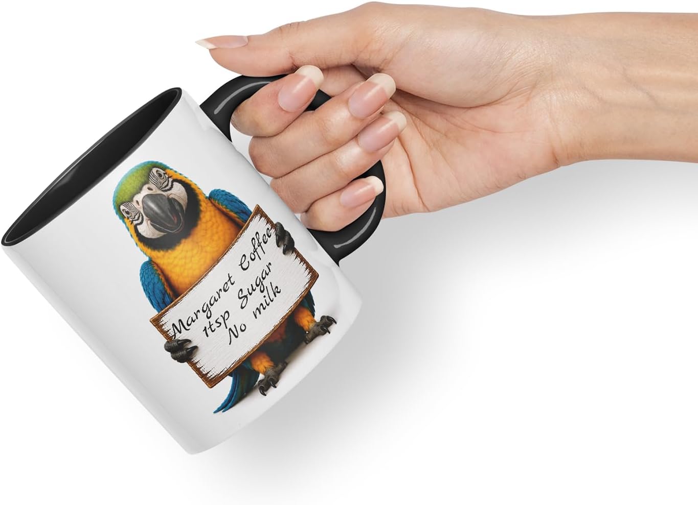 Vixar Personalised Parrot Mug with Name or Custom Message – Cute Animal Coloured Ceramic Mug Cup Gift, 11oz (Black)