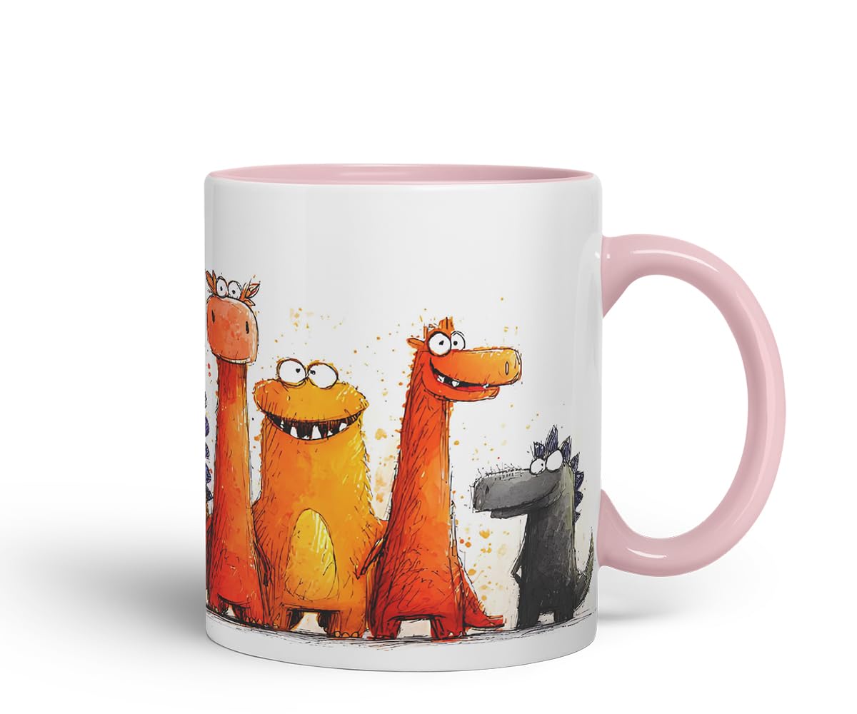 Vixar Funny Colourful Dino Friends Design – Cute Dinosaur Character Mug for Dino Lovers, Coloured Mug Cup Gift, 11oz (Black)