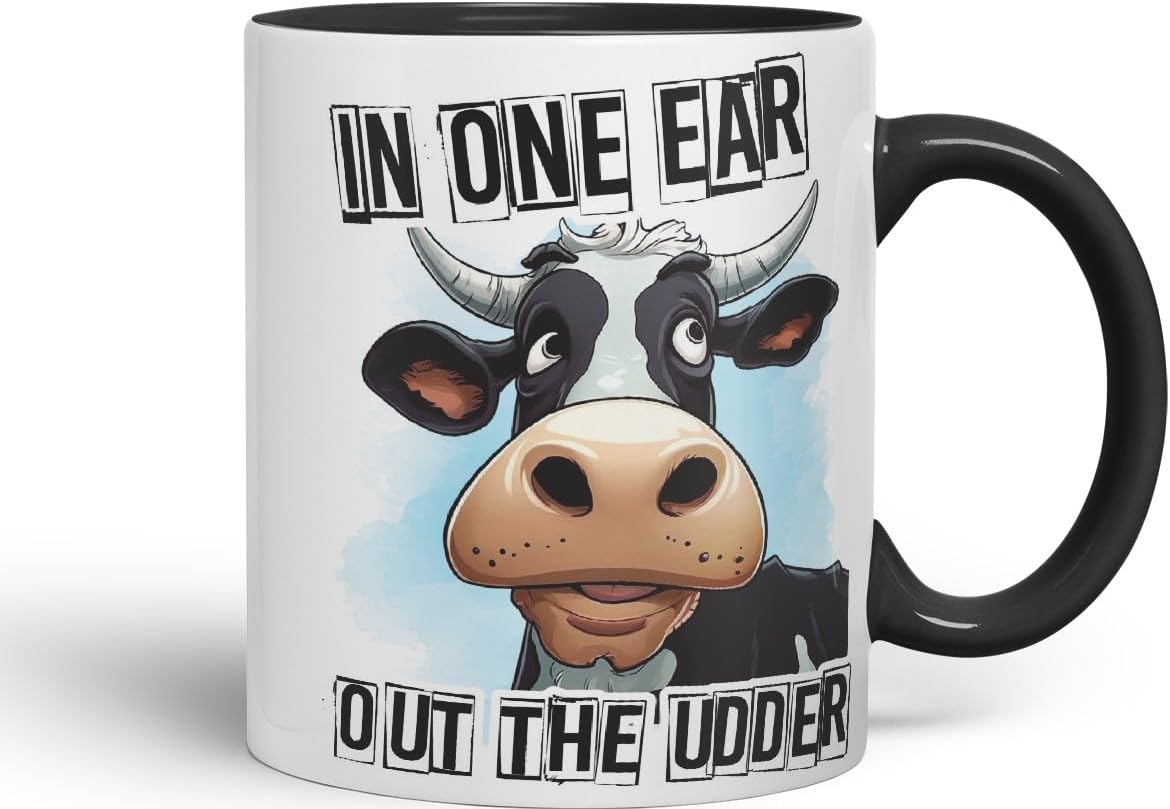 Vixar in One Ear Out The Udder Cow Joke Coloured Ceramic Mug Cup Gift, 11oz (Black)
