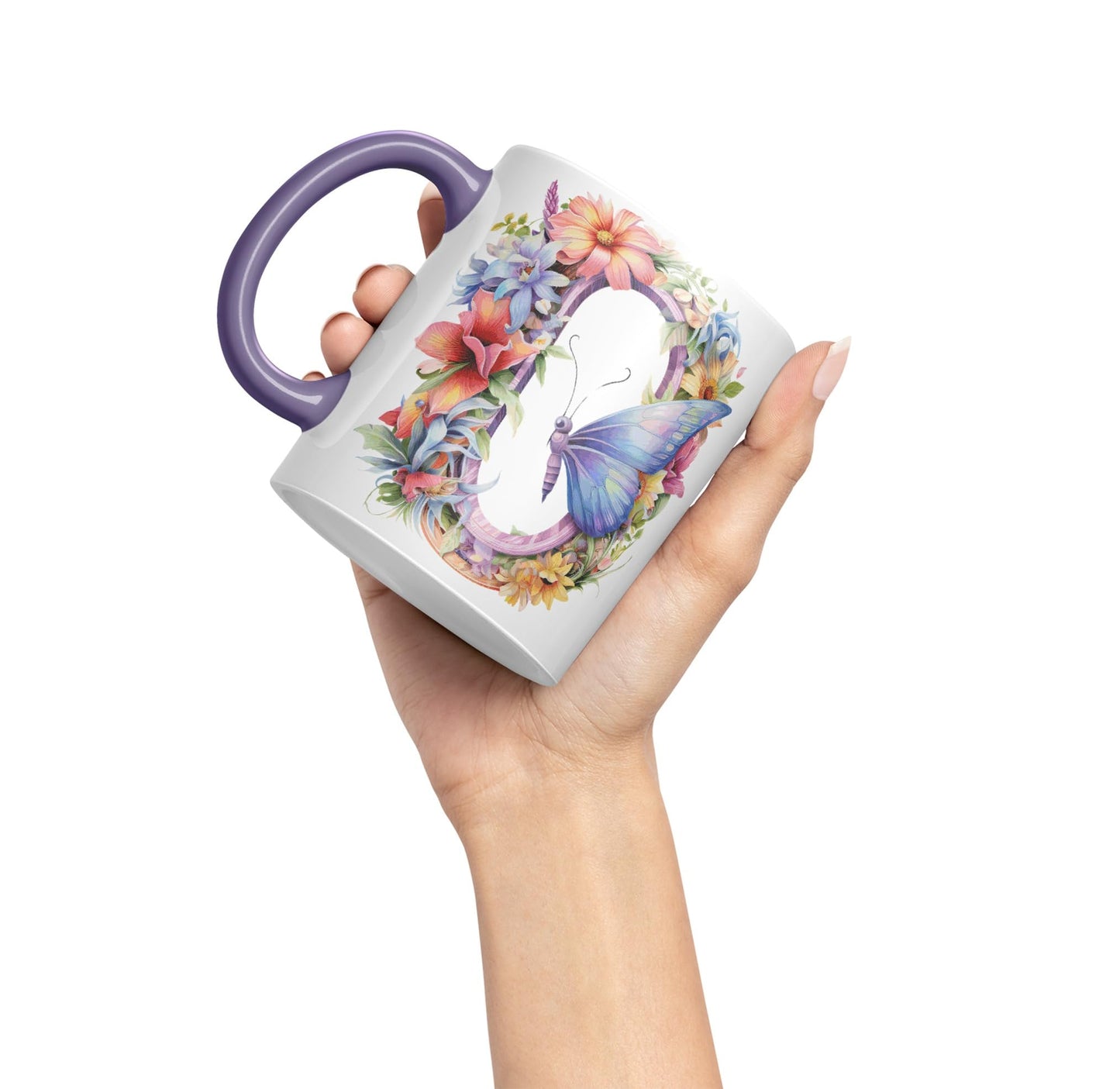 Letter O mug, Floral flowers butterfly Alphabet Letter O Monogram watercolour Ceramic Coloured Mug Cup for Tea Coffee Hot brew 330ml 11Oz Gift