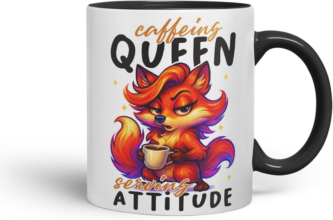 Vixar Caffeine Queen Serving Attitude Funny Fox Mug – Coloured Ceramic Mug Cup Gift, 11oz (Black)