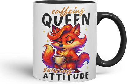 Vixar Caffeine Queen Serving Attitude Funny Fox Mug – Coloured Ceramic Mug Cup Gift, 11oz (Black)