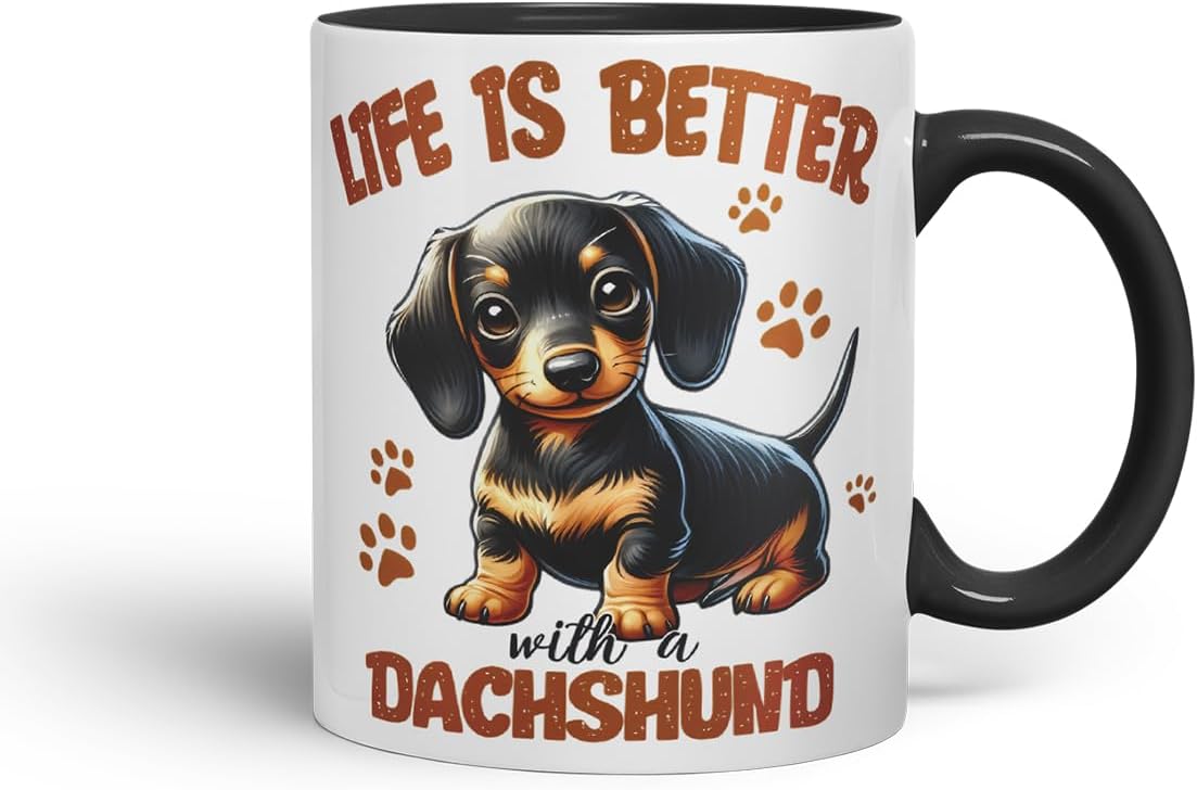 Vixar Life is Better with A Dachshund Dog Mug – Coloured Ceramic Mug Cup Gift, 11oz (Black)