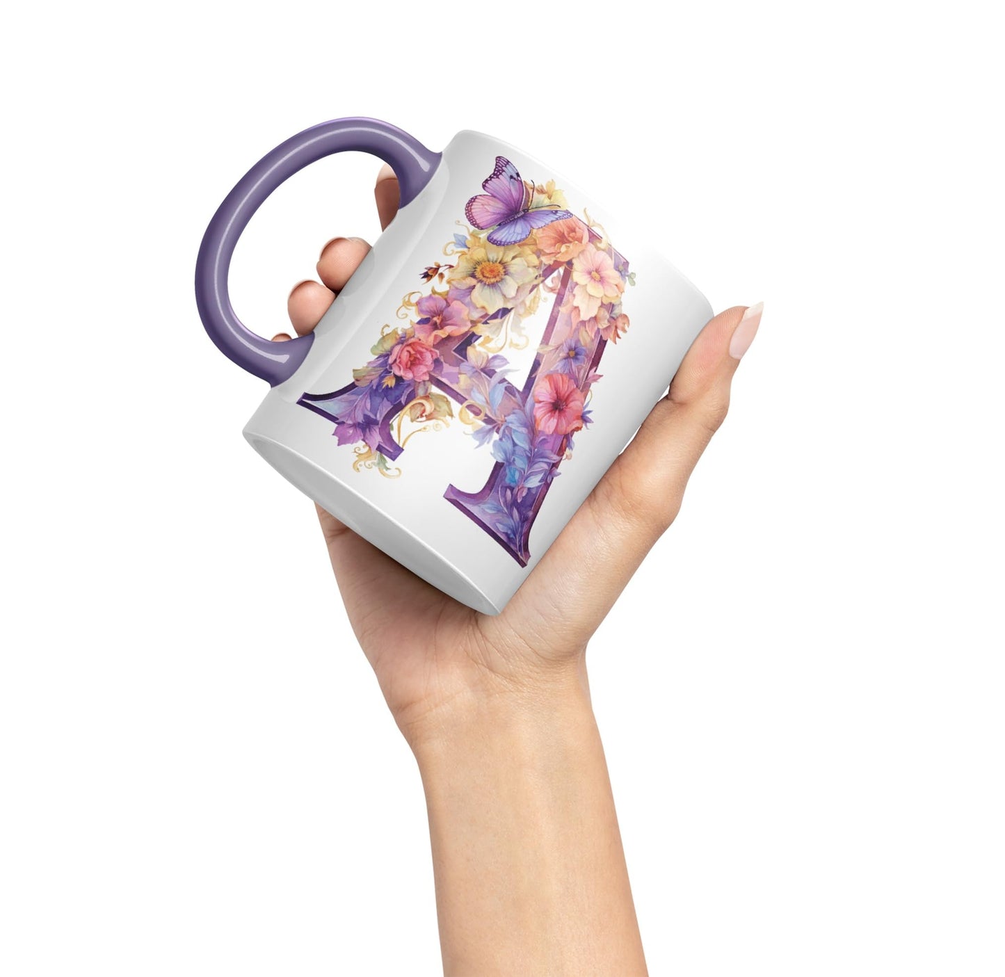 Letter A mug, Floral flowers butterfly Alphabet Letter A Monogram watercolour Ceramic Coloured Mug Cup for Tea Coffee Hot brew 330ml 11Oz Gift