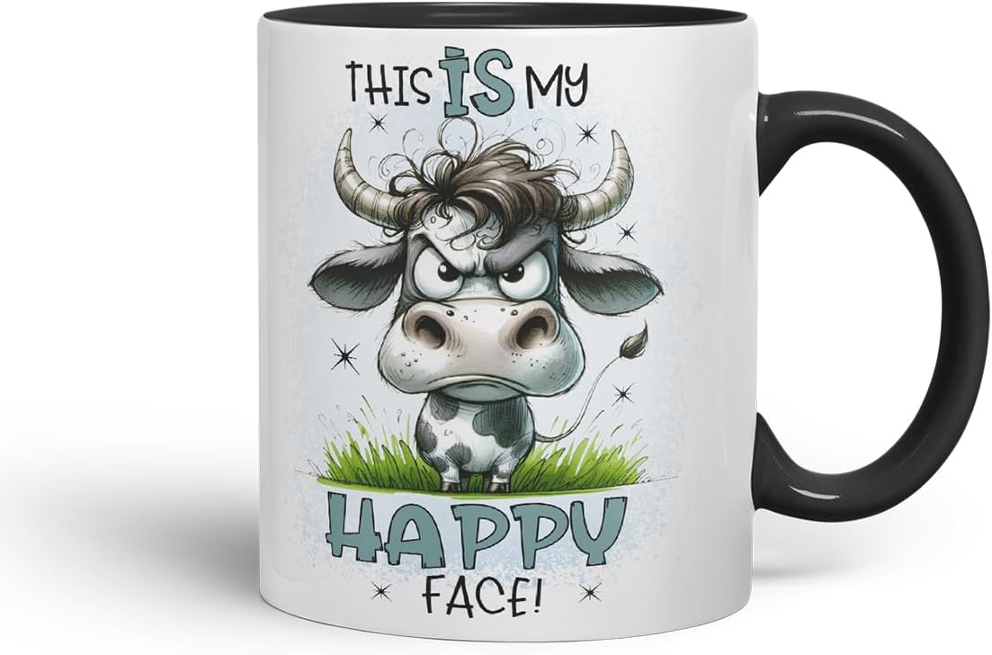 Vixar This is My Happy Face Funny Cow – Coloured Ceramic Mug Cup Gift, 11oz (Black)