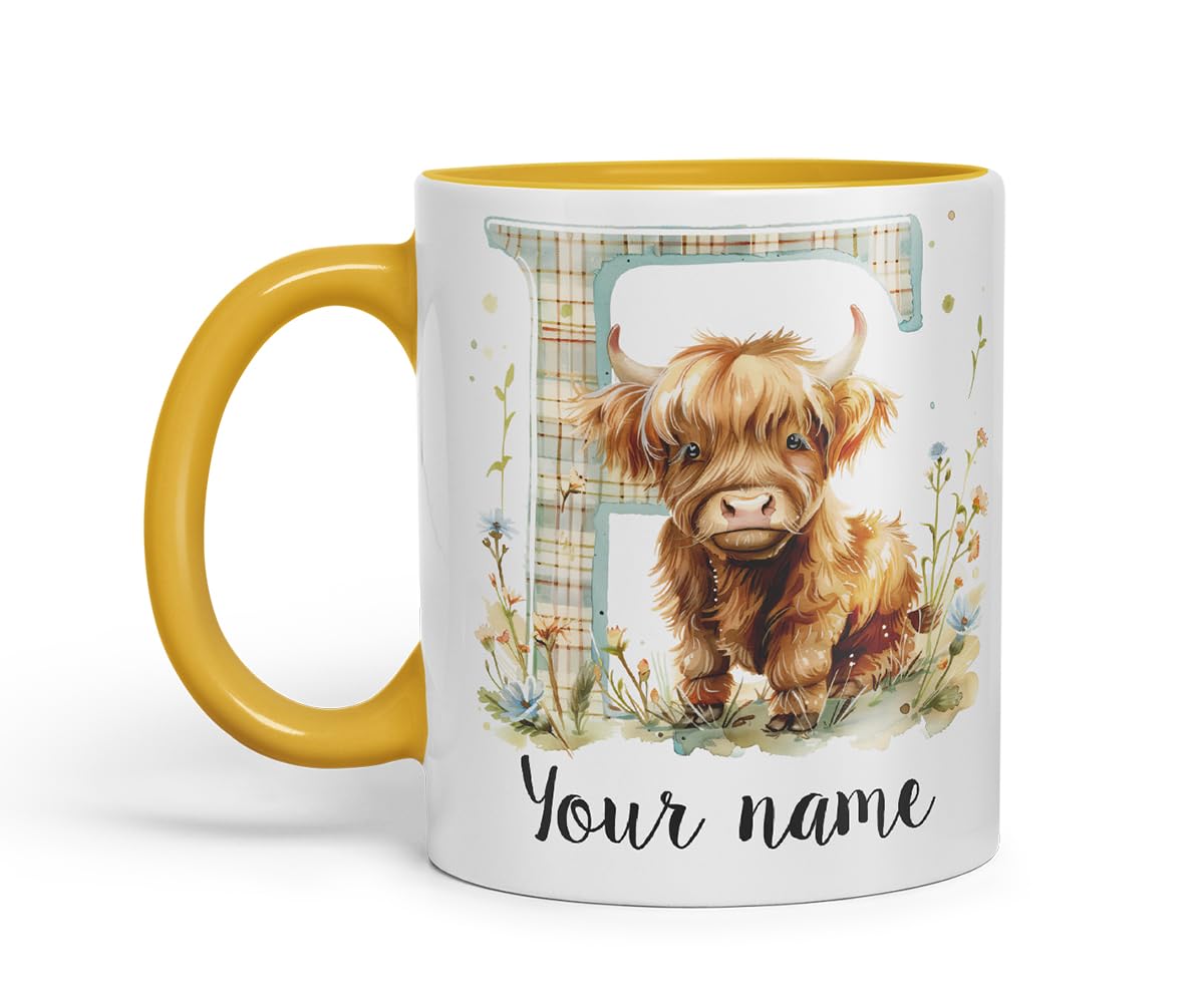 Vixar Personalised Highland Cow Initial Letter F Custom Name Mug – Coloured Ceramic Mug Cup Gift, 11oz (Black)