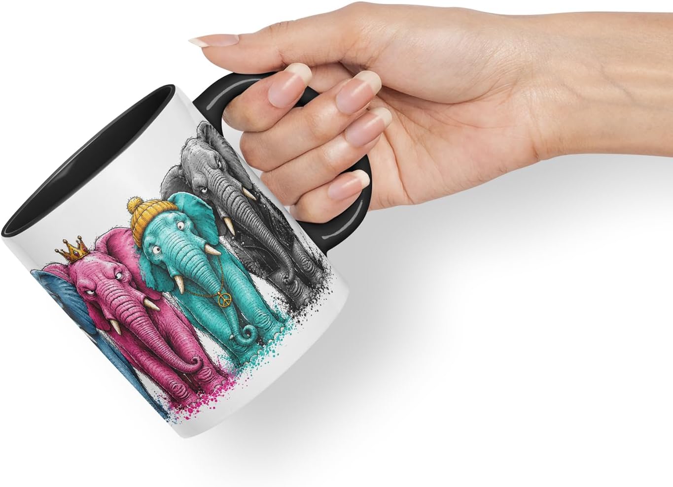 Vixar Elephant Mug – Cute Elephant Animal Coloured Ceramic Mug Cup Gift, 11oz (Black)