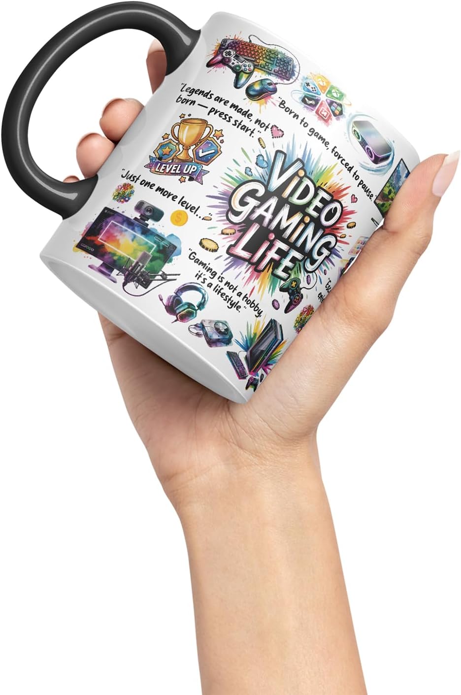 Video Gaming Life Mug – Coloured Ceramic Mug Cup Gift, 11oz (Black)