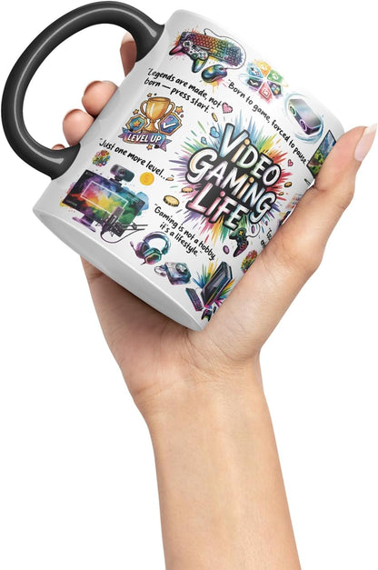 Video Gaming Life Mug – Coloured Ceramic Mug Cup Gift, 11oz (Black)