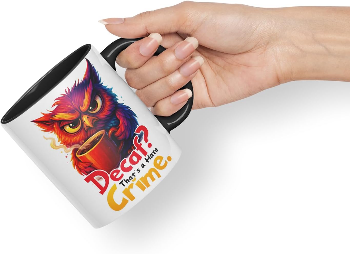 Vixar Decaf That's A Hate Crime Funny Owl Coffee Mug – Coloured Ceramic Mug Cup Gift, 11oz (Black)