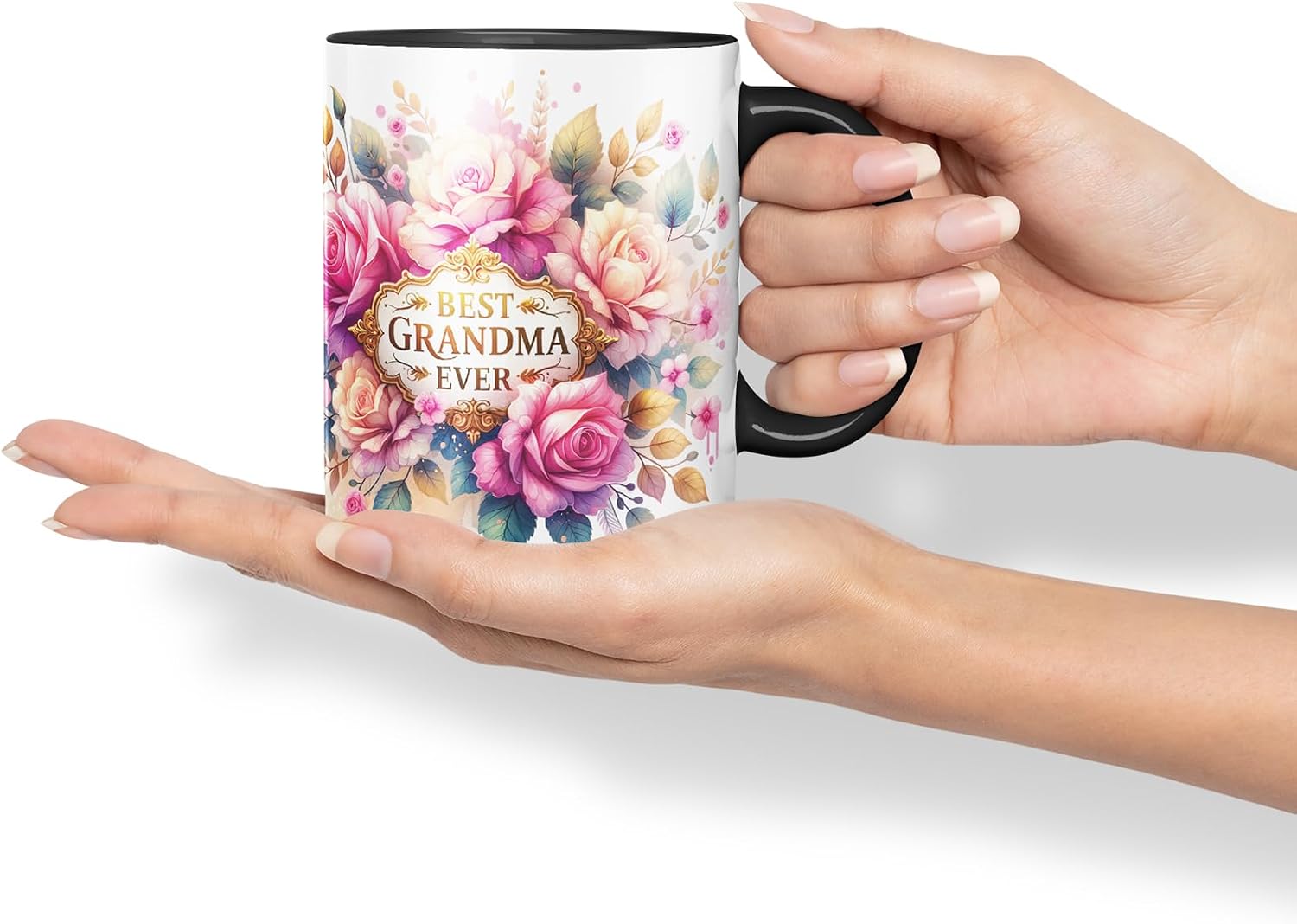 Vixar Best Grandma Ever Floral Mug – Coloured Ceramic Mug Cup Gift, 11oz (Black)