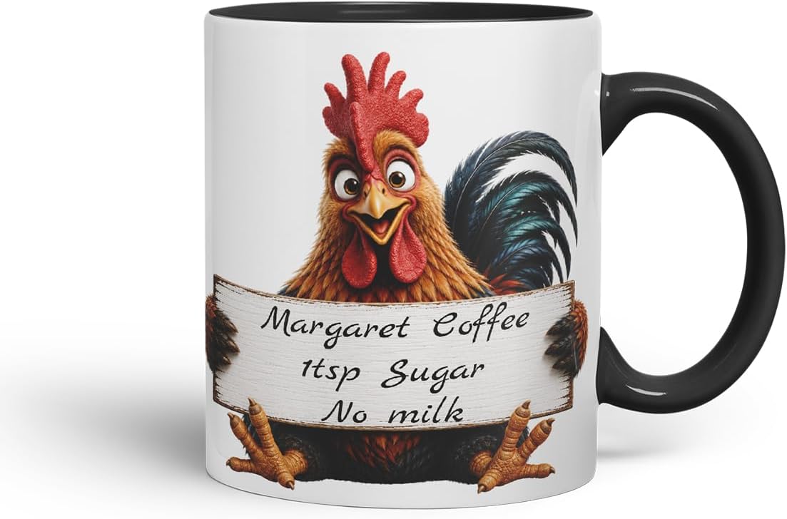 Vixar Personalised Cockerel Mug with Name or Custom Message – Cute Animal Coloured Ceramic Mug Cup Gift, 11oz (Black)