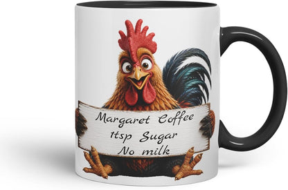 Vixar Personalised Cockerel Mug with Name or Custom Message – Cute Animal Coloured Ceramic Mug Cup Gift, 11oz (Black)