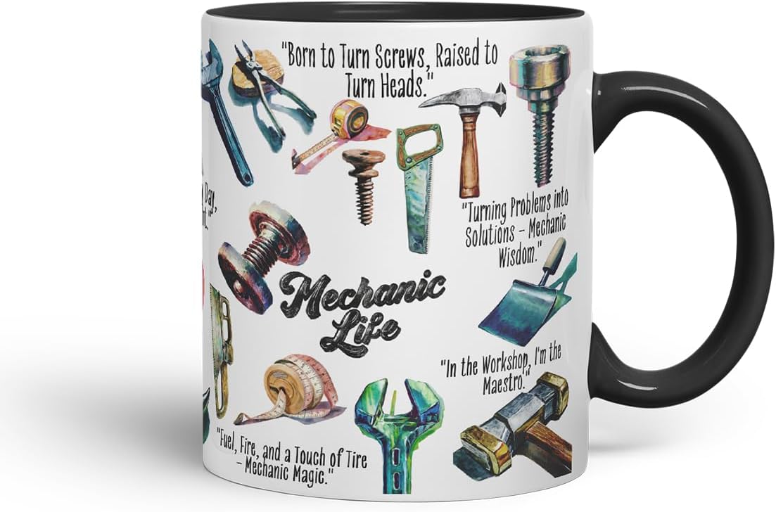 Vixar Mechanic Life Tools Mug – Coloured Ceramic Mug Cup Gift, 11oz (Black)