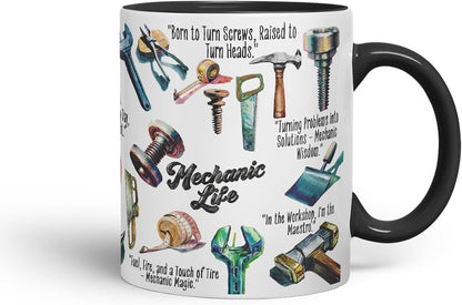 Vixar Mechanic Life Tools Mug – Coloured Ceramic Mug Cup Gift, 11oz (Black)