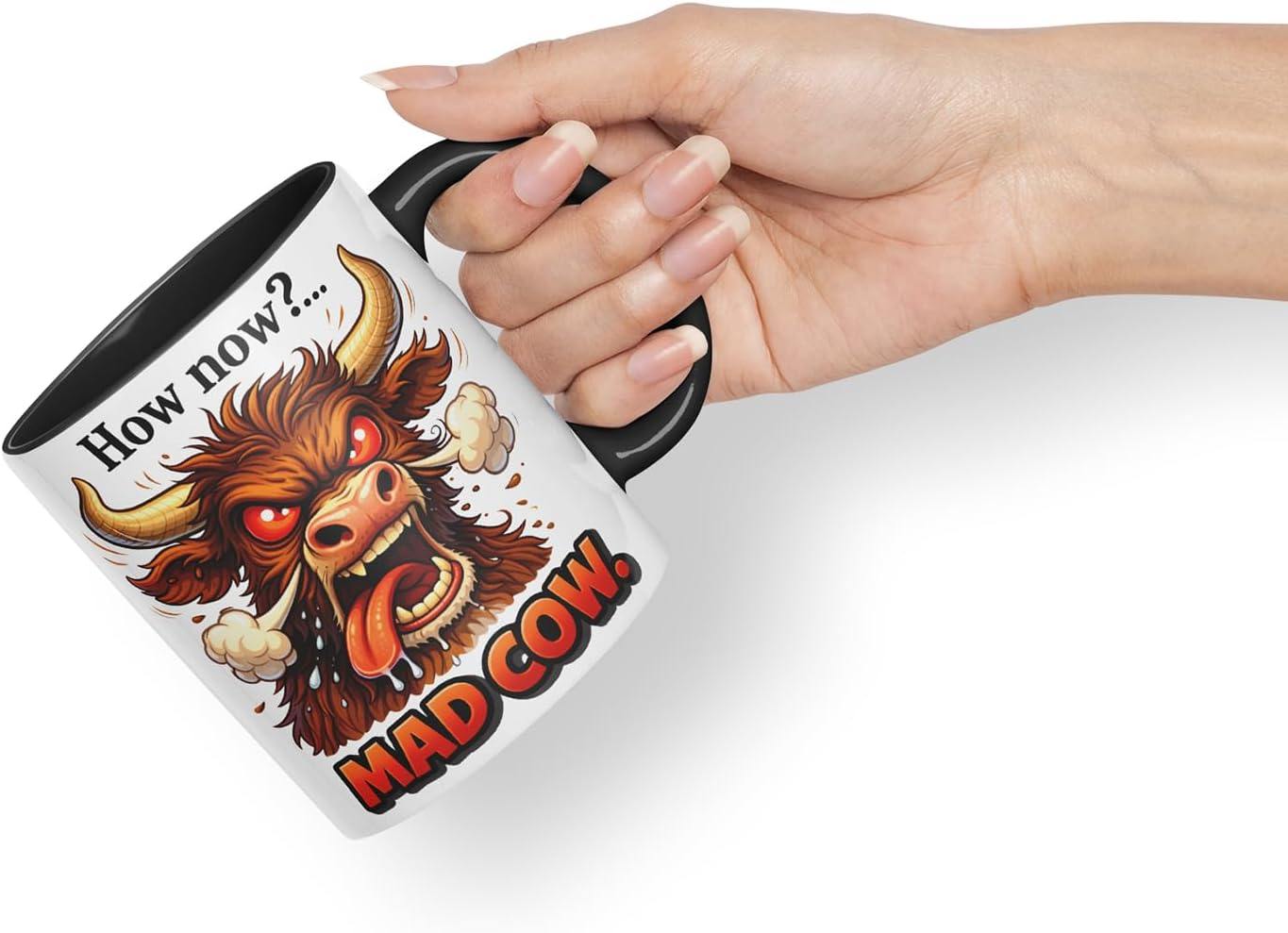 Vixar How Now Mad Cow Funny Highland Cow Mug – Coloured Ceramic Mug Cup Gift, 11oz (Black)