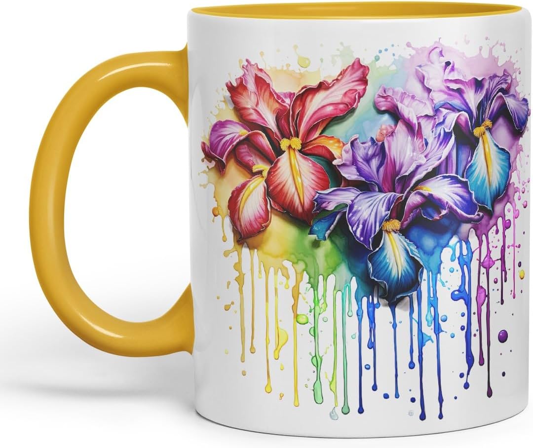 Vixar Iris Watercolour Garden Mug Coloured Ceramic Mug Cup Gift, 11oz (Gold Yellow)
