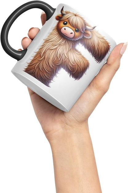 Highland Cow Alphabet Monogram Coloured Ceramic Cup Mug Letter F Rustic Farmhouse Animal Letter Gift V2 11oz (Black)