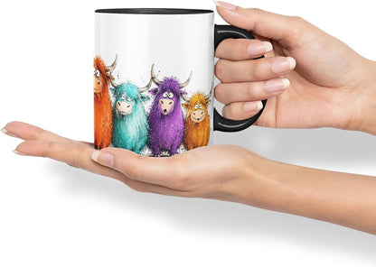 Vixar Funny Highland Cow Mug – Cute Scottish Cow Animal Coloured Ceramic Mug Cup Gift, 11oz (Black)