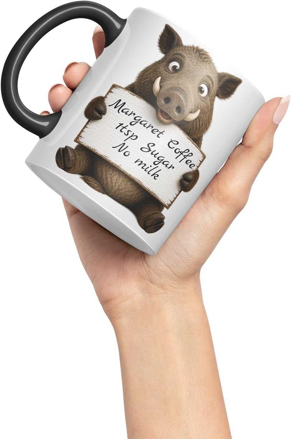 Vixar Personalised Wild Boar Mug with Name or Custom Message – Cute Animal Coloured Ceramic Mug Cup Gift, 11oz (Black)