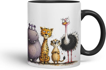 Vixar Funny Safari Animals Mug – Cute Safari Animals Coloured Ceramic Mug Cup Gift, 11oz (Black)