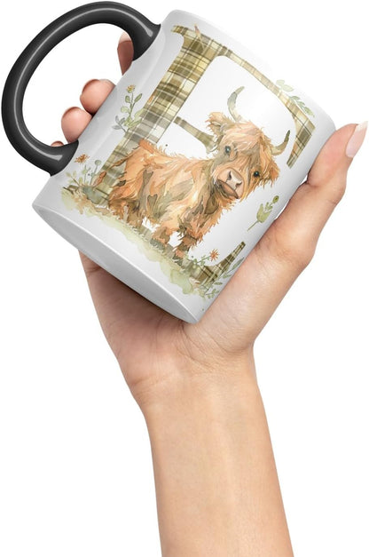 Vixar Highland Cow Alphabet Monogram Coloured Ceramic Cup Mug – Letter E – Rustic Farmhouse Animal Letter Gift – 11oz (Black)