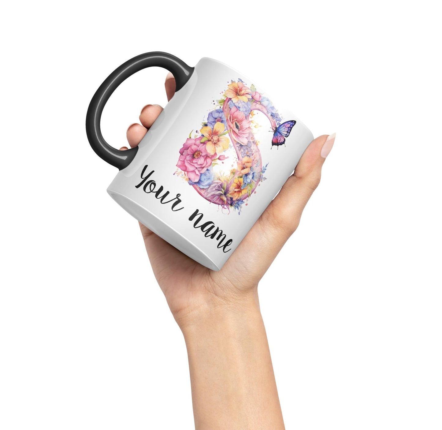 Personalised Letter S mug, Customized Custom Floral flowers butterfly Alphabet Letter S Monogram watercolour Ceramic Coloured Mug Cup for Tea Coffee Hot brew 330ml 11Oz Gift