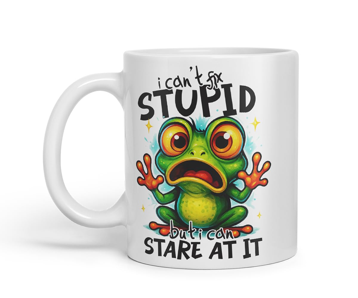 Vixar I Can't Fix Stupid But I Can Stare At It Funny Frog Mug – Coloured Ceramic Mug Cup Gift, 11oz (Black)