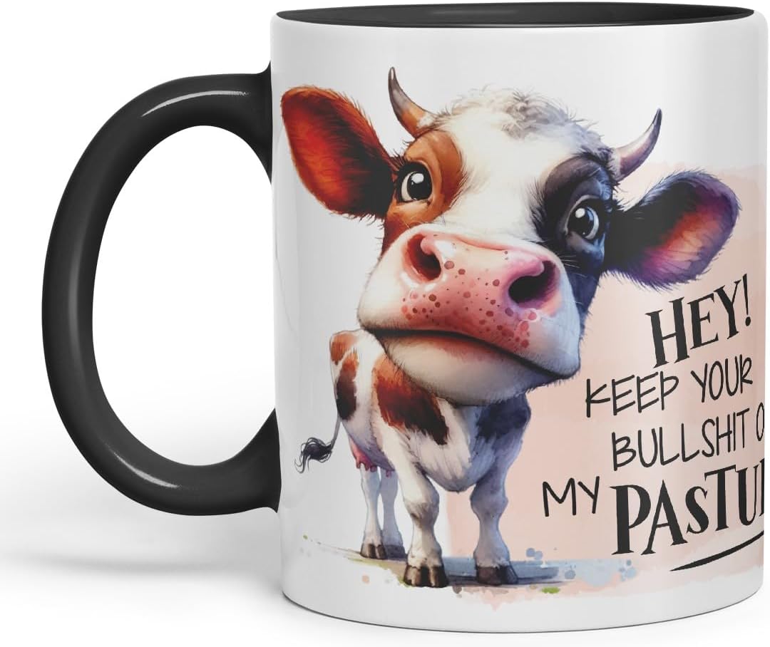 Vixar Hey! Keep Your Bullshit Off My Pasture Cow Coloured Ceramic Mug Cup Gift, 11oz (Black)