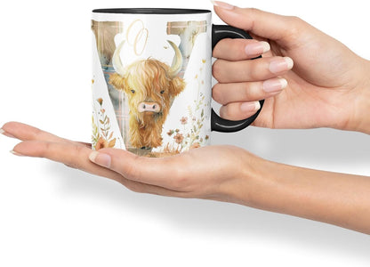 Vixar Highland Cow Alphabet Monogram Coloured Ceramic Cup Mug – Letter V – Rustic Farmhouse Animal Letter Gift – 11oz (Black)