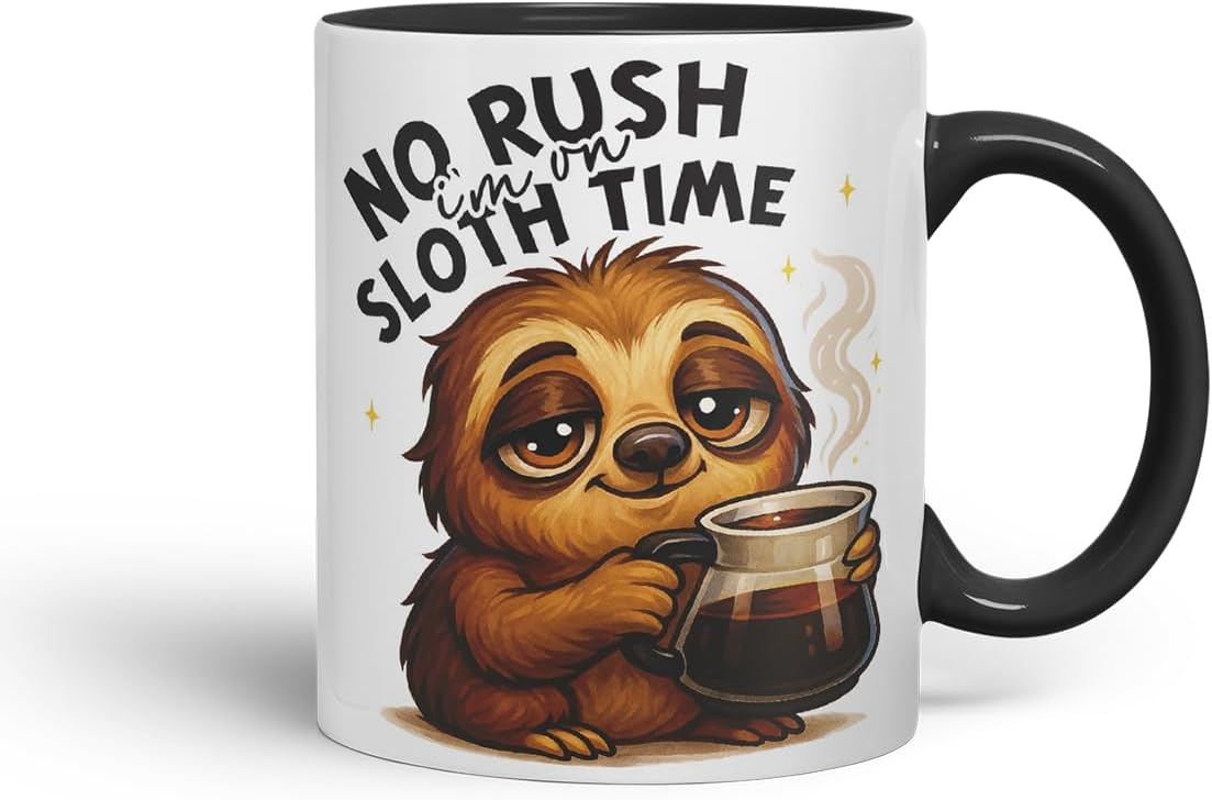 Vixar No Rush I'm On Sloth Time Funny Sloth Coffee Mug – Coloured Ceramic Mug Cup Gift, 11oz (Black)