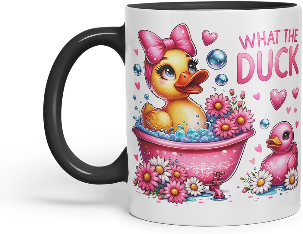 What The Duck Funny Mug – Coloured Ceramic Mug Cup Gift, 11oz (Black)