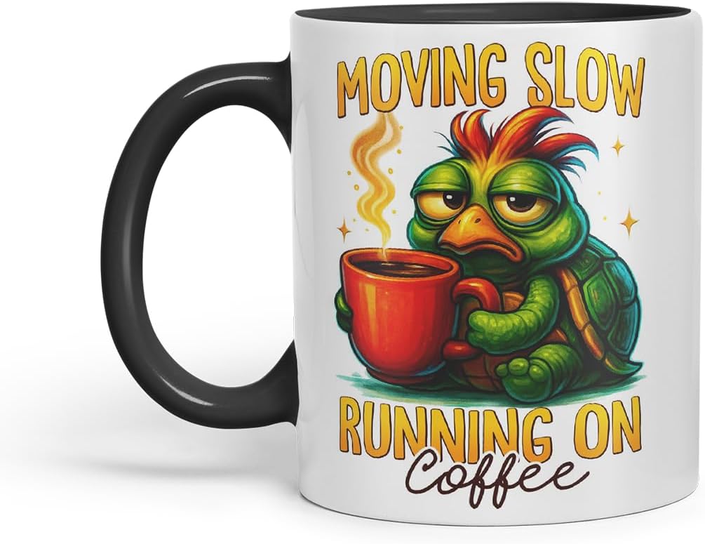 Vixar Moving Slow Running On Coffee Funny Turtle Mug – Coloured Ceramic Mug Cup Gift, 11oz (Black)