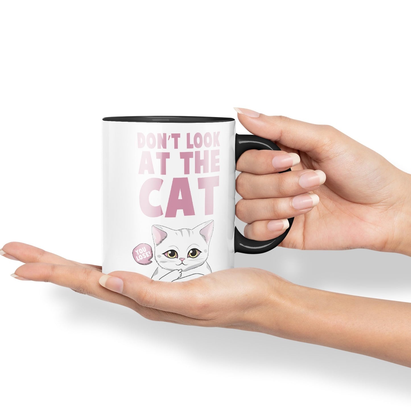 Vixar Don't Look at The Cat You Lose! Sarcastic Joke Ceramic Coloured Mug Cup for Tea Coffee Hot Brew 330ml 11oz