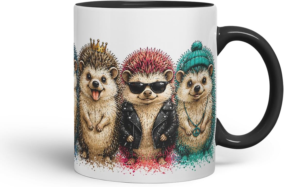 Vixar Hedgehog Mug – Cute Hedgehog Animal Coloured Ceramic Mug Cup Gift, 11oz (Black)