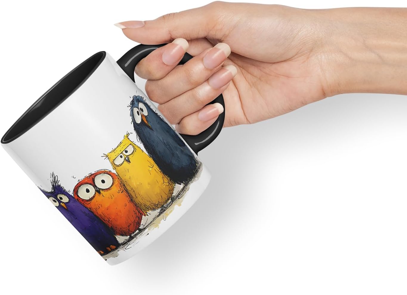 Vixar Funny Colourful Owl Friends Design – Cute Bird Character Mug for Animals Lovers, Coloured Mug Cup Gift, 11oz (Black)
