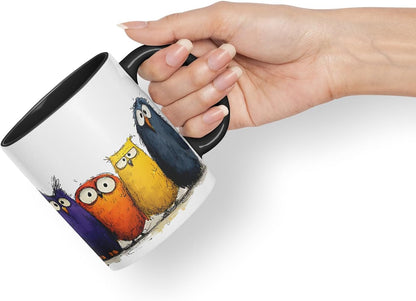 Vixar Funny Colourful Owl Friends Design – Cute Bird Character Mug for Animals Lovers, Coloured Mug Cup Gift, 11oz (Black)