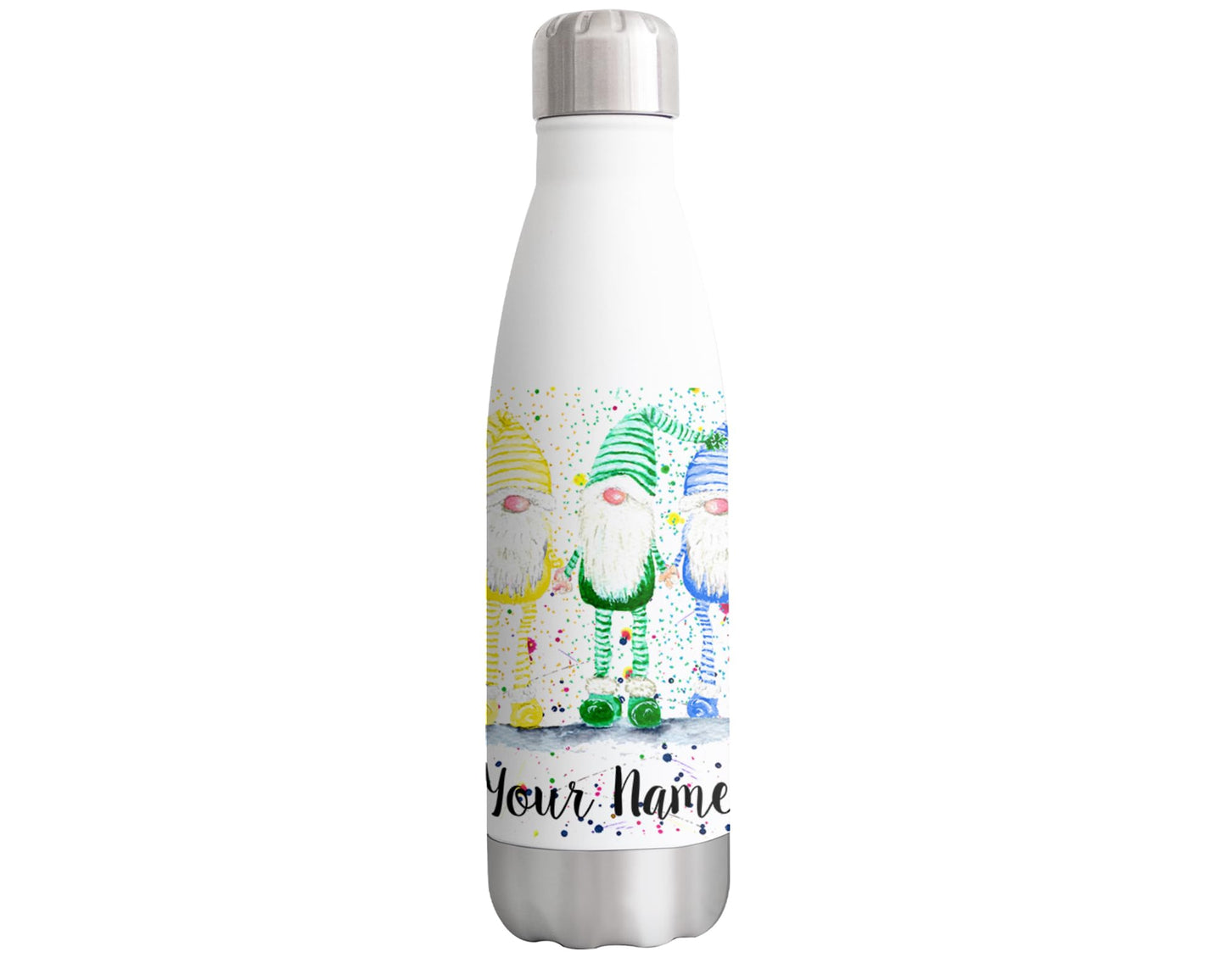 Vixar Rainbow Gonk Personalised Custom Bottle with your Text/name Gnome Watercolour Bottle Double Wall Insulated Stainless Steel Sport Drinks 500ml