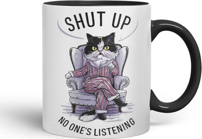 Vixar Shut Up No One’s Listening Sarcastic cat Coloured Ceramic Mug Cup Gift, 11oz (Black)