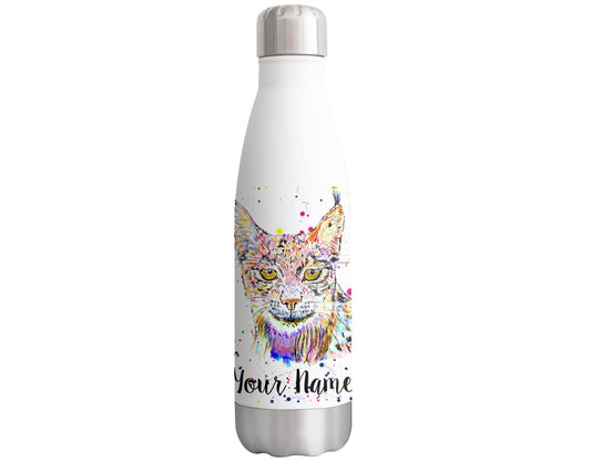 Vixar Lynx Personalised Custom Bottle with your Text/name european wild animal Big Cat watercolour Bottle Double Wall Insulated Stainless Steel Sport Drinks 500ml