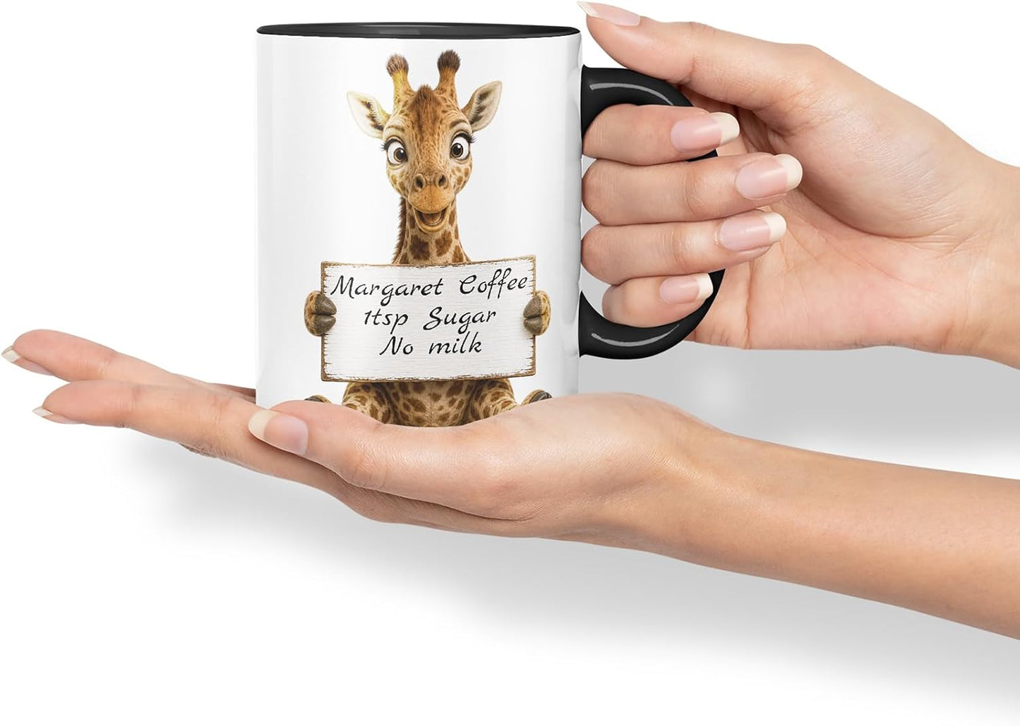 Vixar Personalised Giraffe Mug with Name or Custom Message – Cute Animal Coloured Ceramic Mug Cup Gift, 11oz (Black)