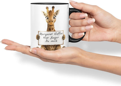 Vixar Personalised Giraffe Mug with Name or Custom Message – Cute Animal Coloured Ceramic Mug Cup Gift, 11oz (Black)