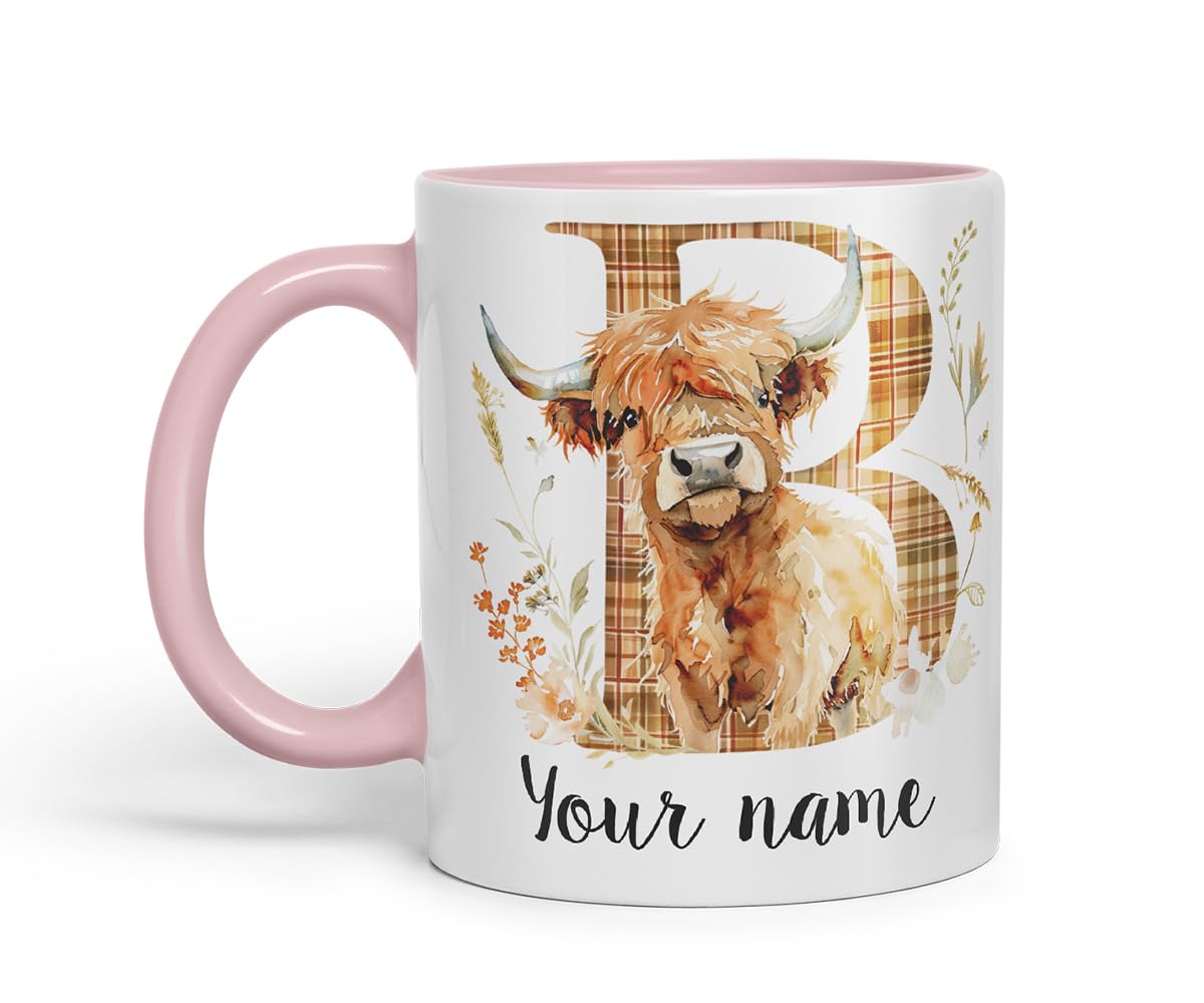 Vixar Personalised Highland Cow Initial Letter B Custom Name Mug – Coloured Ceramic Mug Cup Gift, 11oz (Black)